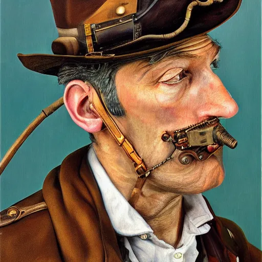 Prompt: high quality high detail painting by lucian freud, hd, portrait of steampunk man, photorealistic lighting