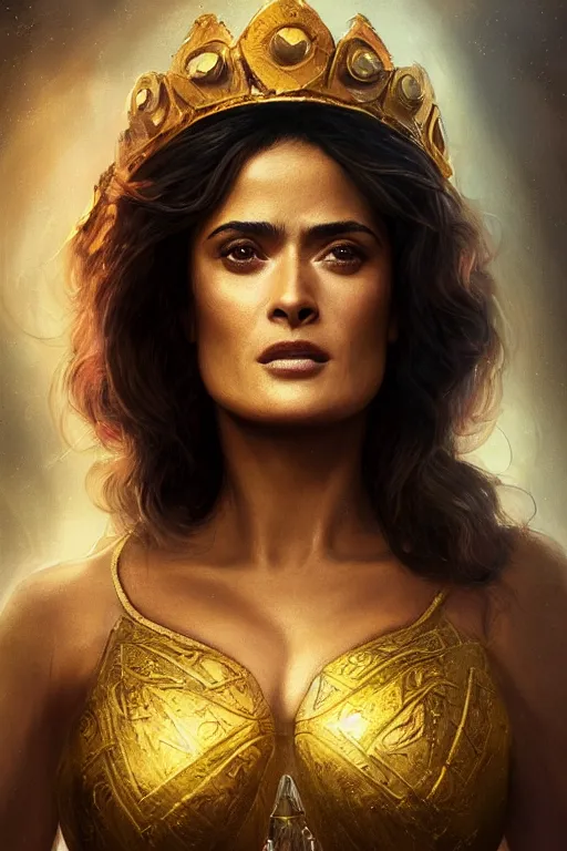 Prompt: portrait, Salma Hayek , Fantasy Queen , wearing a red and gold dress , face portrait, raphael lacoste, eddie mendoza, alex ross, concept art, matte painting, highly detailed, rule of thirds, dynamic lighting, cinematic, detailed, denoised, centred