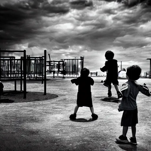 Image similar to A photograph of the end of the world with children playing in a playground, melancholic, cinematic, moody lighting