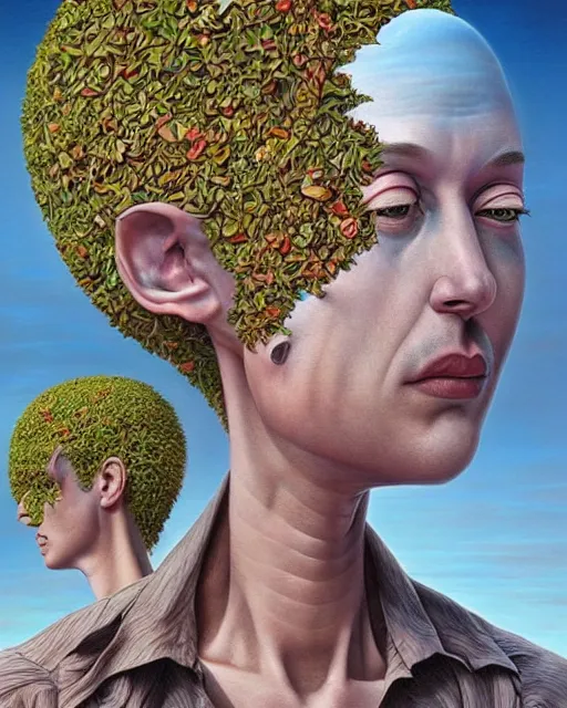 Image similar to non - binary gender dysphoria theme surrealist art in the styles of igor morski, jim warren, and rob gonsalves, intricate, hyperrealistic, volumetric lighting