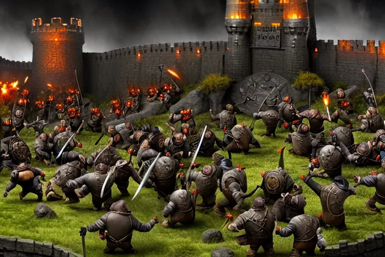 Image similar to diorama of minions fighting orcs in the battle of helm's deep, giant castle walls, realistic, 4 k, detailed, atmospheric, cinematic lighting