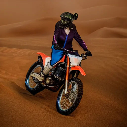 Image similar to cinematic shot of Margaret Thatcher riding a dirt bike in a desert, 8k, dslr, professional lighting,