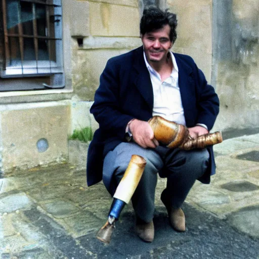 Prompt: a frenchman with a baguette and a bottle of wine in 1 9 9 0. in color