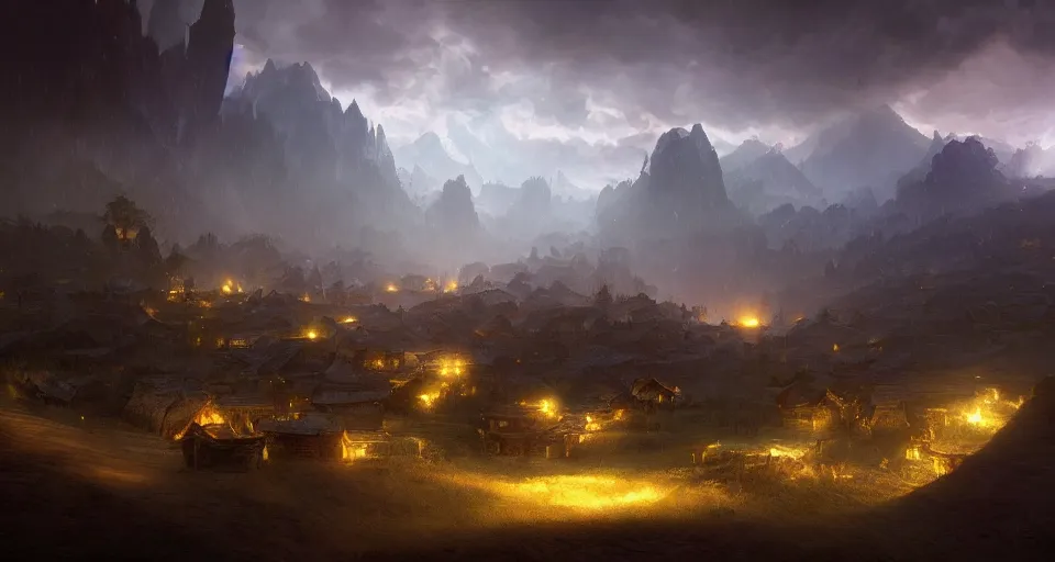 Prompt: book illustration of epic landscape valley with small wooden village. Atmospheric beautiful by Eddie mendoza and Craig Mullins. volumetric lights volumetric lights