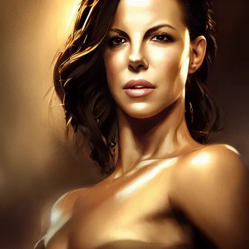 Image similar to closeup portrait of a kate beckinsale, seductive smile, soldier, army chiaroscuro, evil dead,, golden hour, dramatic lighting, complementary contrast, high detail, painted by greg rutkowski, painted by igor kieryluk, trending on artstation
