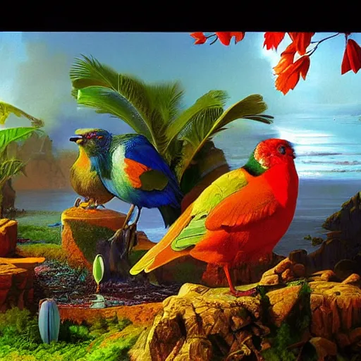 Prompt: landscape art bird vibrant colors sacred hyper realism by andreas franke, syd mead, james christensen
