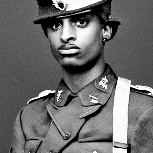 Image similar to playboi carti as a german world war ii soldier captured on a old camera 4 k detailed super realistic