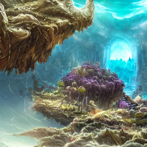 Prompt: a fantasy atlantis underwater, desolated, seaweed, electricity lightning, furry, soft, concept art, sharp focus, intricate details, highly detailed, photorealistic, disney pixar, octane render, iridescent, anime, big field of view, 8 k