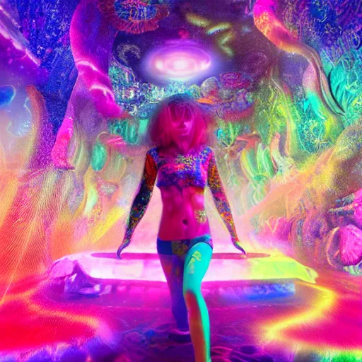 Image similar to Extreme long Shot of psychodelic Ellie in mysterious astral temple jumpin with pistol in river of chromatic SPIRITS , beautiful, dmt, trending on artstation, omnious, soft, hypermaximalistic, high details, cinematic, 8k resolution, artwork by Wong, Liam