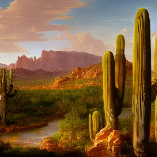 Image similar to A grand scale painting of a desert landscape with saguaro cacti and the Rio grande river, In the style of Thomas Cole, Ultra detailed, 4k resolution,