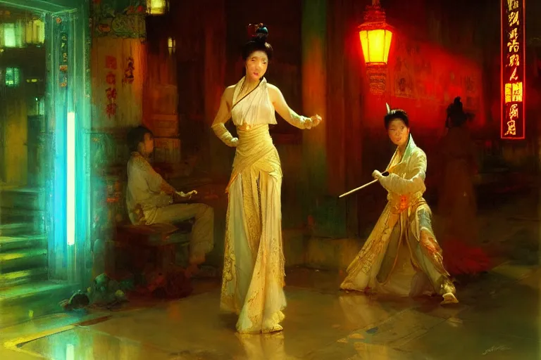 Image similar to wuxia, summer, neon light, painting by gaston bussiere, craig mullins, j. c. leyendecker