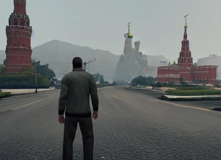 Prompt: cinematic screenshot gta 5, rain, lenin in adidas tracksuit, churches, buildings, road, moskvich, rtx reflections, gta vi, moscow, soviet apartment buildings, award winning, artstation, intricate details, realistic, hyperdetailed, 8 k resolution