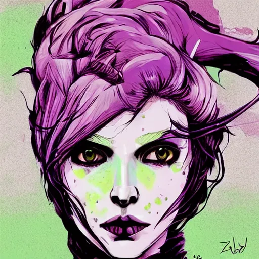 Prompt: Highly detailed portrait of pretty punk zombie young lady with, freckles and beautiful hair by Atey Ghailan, by Loish, by Bryan Lee O'Malley, by Cliff Chiang, inspired by image comics, inspired by graphic novel cover art, inspired by izombie !! Gradient purple and green color scheme ((grafitti tag brick wall background)), trending on artstation