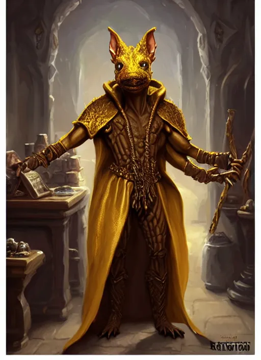 Image similar to a _ fantasy _ style _ portrait _ painting _ of a humanoid gold kobold male in wizard robes in a store selling things, oil _ painting _ unreal _ 5 _ daz. _ rpg _ portrait _ extremely _ detailed _ artgerm _ greg _ rutkowski _ greg