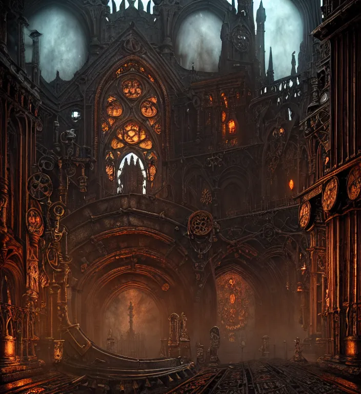 Image similar to steam necropolis, memento mori, gothic, neo - gothic, art nouveau, hyperdetailed copper patina medieval icon, stefan morrell, philippe druillet, ralph mcquarrie, concept art, steampunk, unreal engine, detailed intricate environment, octane render, moody atmospherics, volumetric lighting, ultrasharp, ominous, otherworldly