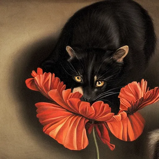 Prompt: a caravaggio painting masterpiece exposed at the Louvres in paris : a closeup of a black cute adult cat sitting on 4 paws next to big a black and white adult racoon in a field of poppy with a red sunset in the background. This 4K HD image is Trending on Artstation, featured on Behance, well-rendered, extra crisp, features intricate detail and the style of Unreal Engine.