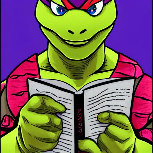 Prompt: Digital artwork of Donatello of the Teenage Mutant Ninja Turtles reading the Bible, trending on artstation