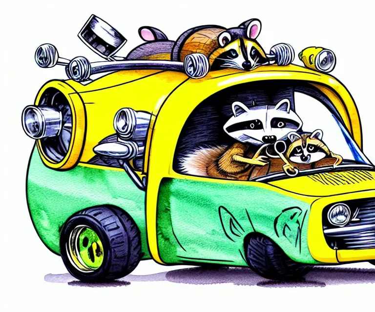 Image similar to cute and funny, racoon wearing a helmet riding in a tiny hot rod coupe with oversized engine, ratfink style by ed roth, centered award winning watercolor pen illustration, isometric illustration by chihiro iwasaki, edited by range murata