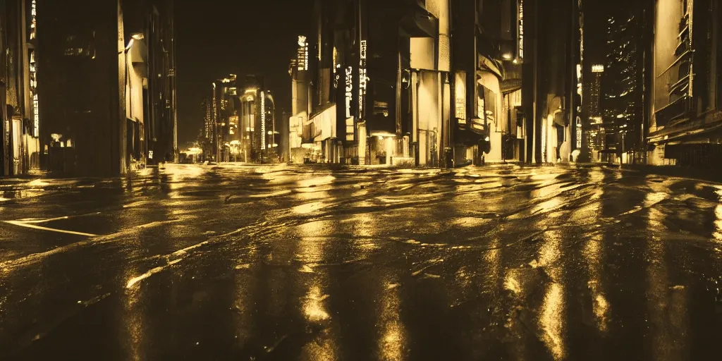 Image similar to a city street at night, raining, photograph, cyberpunk, sharp focus, intricate detail, Desolate, drone shot, high resolution,