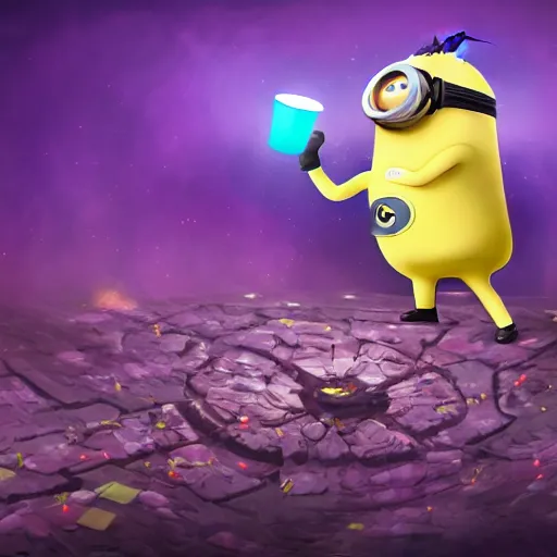 Image similar to a drawing of a minion taking over the universe by merging all known matter, ultra detailed, digital art, award - winning, trending on artstation, realistic, magic, neon, glow, mystery