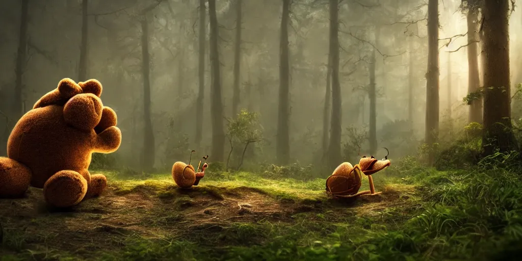 Prompt: a giant ant is riding a giant teddy bear in a forest, moody, cinematic light, fantasy art, highly detailed, 8k