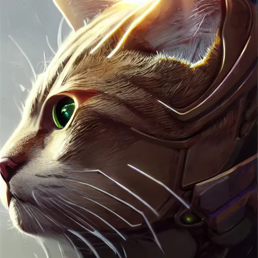 Image similar to epic cyborg cat, portrait, highly detailed, digital painting, trending on artstation, concept art, sharp focus, illustration, art by artgerm and greg rutkowski and magali villeneuv