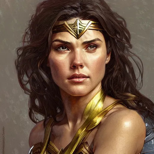 Image similar to portrait of Wonder Woman after battle, intricate, headshot, highly detailed, digital painting, artstation, concept art, sharp focus, illustration, art by artgerm and greg rutkowski, alphonse mucha, cgsociety