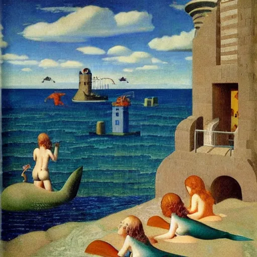 Image similar to a sea-fortress surrounded by mermaids by Raphael, Hopper, and Rene Magritte. detailed, romantic, enchanting, trending on artstation.