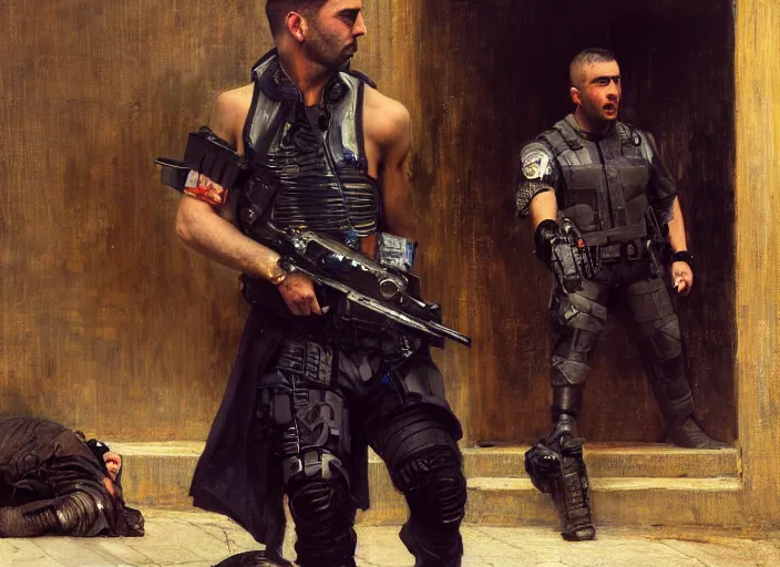 Prompt: sophia evades sgt Nash. Cyberpunk thief wearing combat vest escaping menacing police troopers (blade runner 2049). Gorgeous face. Iranian orientalist portrait by john william waterhouse and Edwin Longsden Long and Theodore Ralli and Nasreddine Dinet, oil on canvas. Cinematic, hyper realism, realistic proportions, dramatic lighting, high detail 4k