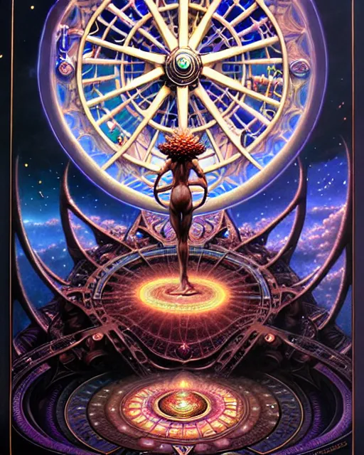 Image similar to the wheel of fortune tarot card, fantasy character portrait made of fractals, ultra realistic, wide angle, intricate details, the fifth element artifacts, highly detailed by peter mohrbacher, hajime sorayama, wayne barlowe, boris vallejo, aaron horkey, gaston bussiere, craig mullins