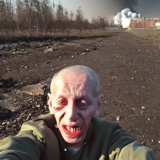 Image similar to last selfie of last alive funny scared ukrainian very damaged body to bones, bleeding crawling from nuclear explosion, big nuclear explosion at background, end of the life close