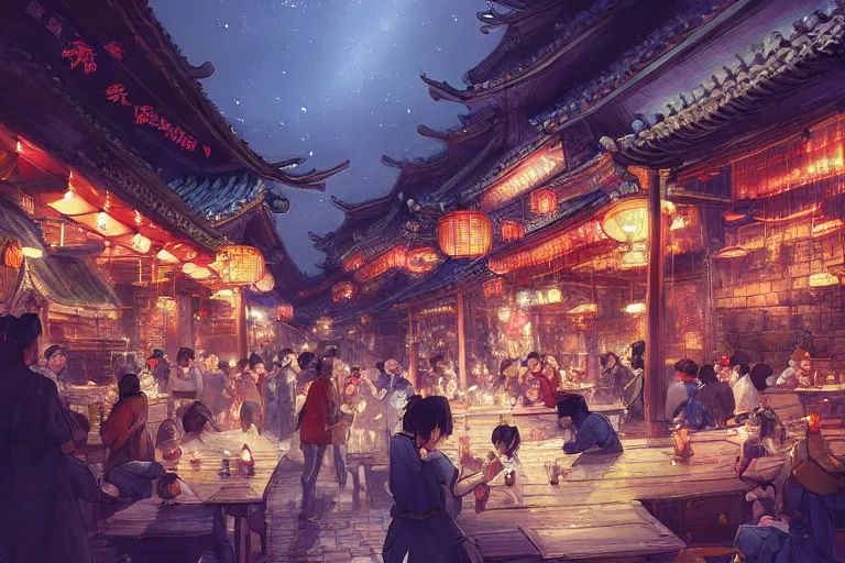 Prompt: fantasy art of a bustling tavern in china, at night, by makoto shinkai, highly detailed digital art, trending on artstation