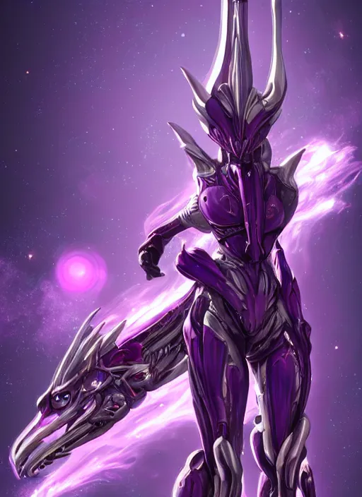 Image similar to cinematic full body, cosmic sized beautiful stunning giant robot mechan hot female dragon goddess, sharp sleek cyborg dragon head, sharp metal ears, smooth purple eyes, smooth fuschia skin, smooth silver armor, nebula, epic proportions, epic scale, macro furry, furry art, dragon art, goddess art, giantess art, warframe, warframe fanart, furaffinity, octane