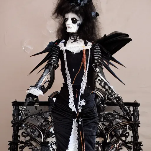 Image similar to gothic cyborg victorian bizzare porcelain woman with artnouveau garment and ornaments sharp focus 8 k