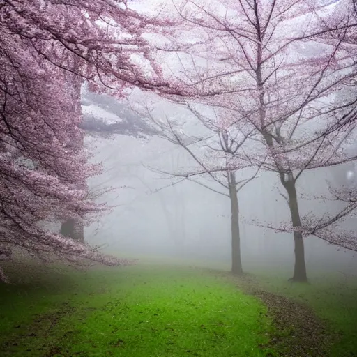 Image similar to A foggy forest with cherry blossom leaves on the ground, liminal, quiet