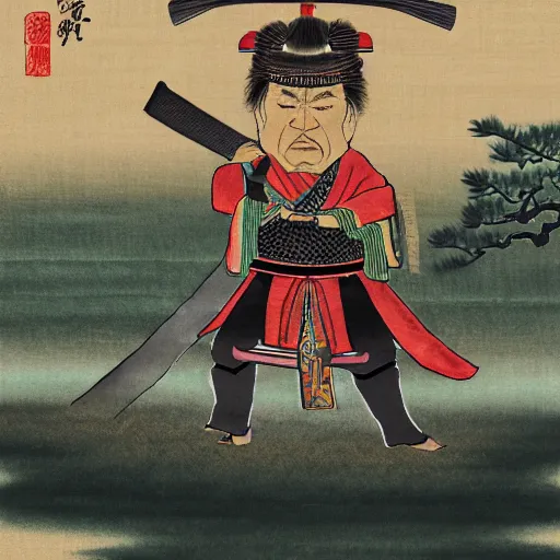Image similar to donald trump dressed as a samurai holding a katana in a japanese edo period ink block painting, 4 k, hyper realistic, dslr, high resolution, landscape, beautiful