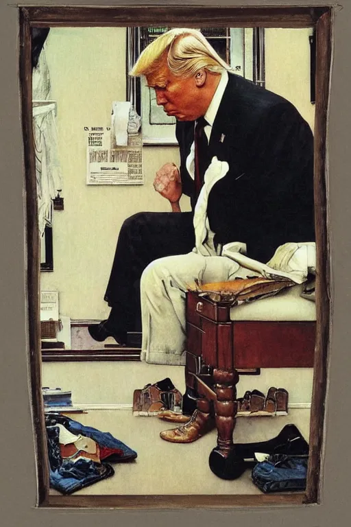 Image similar to “ a norman rockwell painting of donald trump caught with his pants down. ”