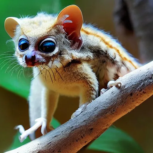 Image similar to A mix between of Margay, Gecko, Tarsier, Sugar glider, Sand cat, Bee hummingbird, Pygmy hippopotamus , Leafy sea dragon, Elephant Shrew, Klipspringer, Fennec Fox, Tawny frogmouth, Quetzal and Star-nosed mole