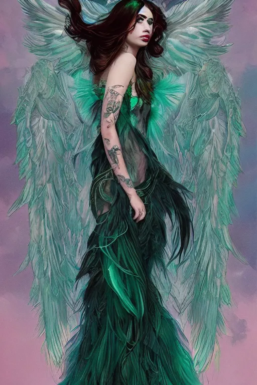 Prompt: ombre fishnet gown, queen of feathers, portrait, long green hair, wings, emeralds, tattered dress, glasses, tattooed pinup, feral languid emma roberts, by greg rutkowski, anato finnstark, alphonse mucha, global illumination, radiant light