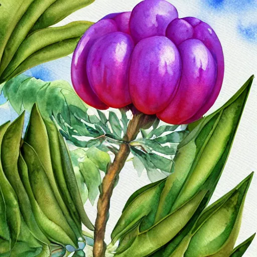 Prompt: scientific illustration of an alien plant brought back from venus showing tuber, leaves, and flowering stalk. 8k resolution ultra-detailed. watercolor painting