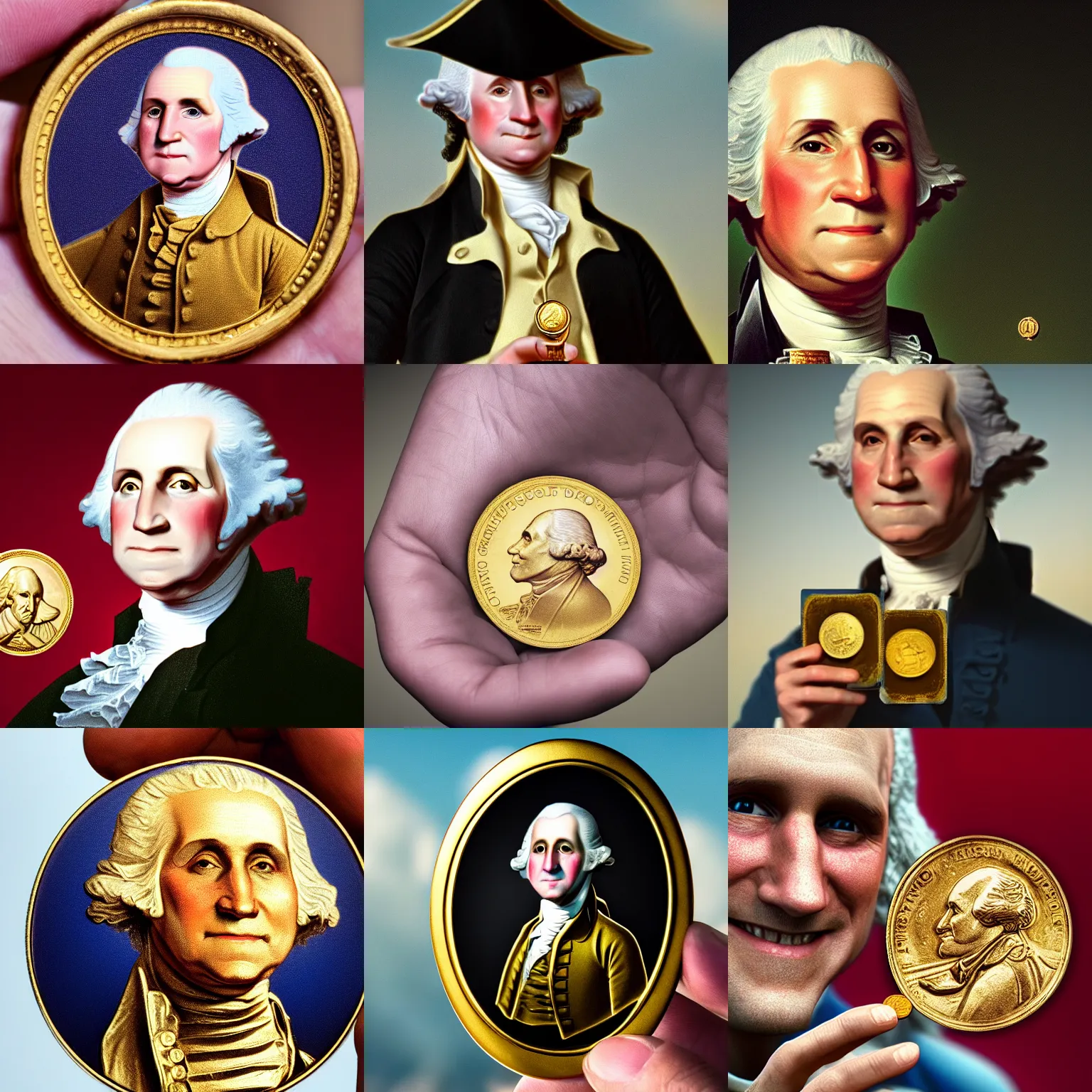 Prompt: a closeup photorealistic photograph of a happy George Washington holding a small gold Doubloon coin in the palm of his hand. This 4K HD image is Trending on Artstation, featured on Behance, well-rendered, extra crisp, features intricate detail and the style of Unreal Engine.