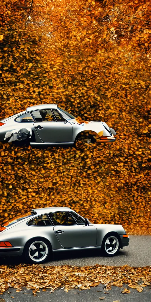 Prompt: photo of a porsche driving through autumn leaves, photo, kodak portra 4 0 0, direct flash, cinematic lighting, anti aliasing