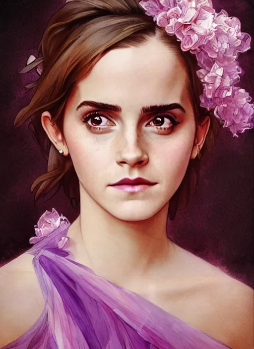 Image similar to emma watson wearing revealing pink and purple chiffon dress with flounces. beautiful detailed face. by artgerm and greg rutkowski and alphonse mucha