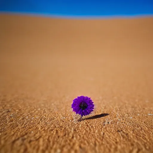 Prompt: a single small pretty desert flower blooms in the middle of a bleak arid empty desert, near the flower a large topaz crystal is partly revealed, background sand dunes, clear sky, low angle, dramatic, cinematic, tranquil, alive, life.