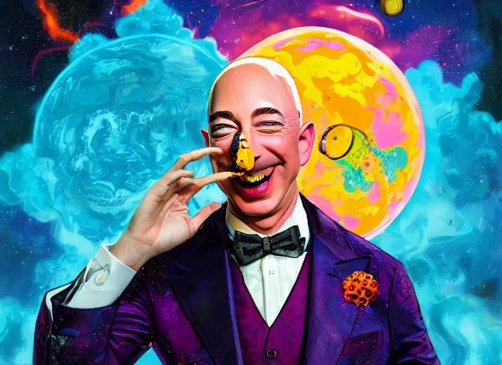 Prompt: A psychedelic portrait maniac laughing jeff bezos with monocle and tophat sitting on pile of amazon packages while earth explodes in background , vibrant color scheme, highly detailed, in the style of romanticism, cinematic, artstation, Moebius, Greg rutkowski