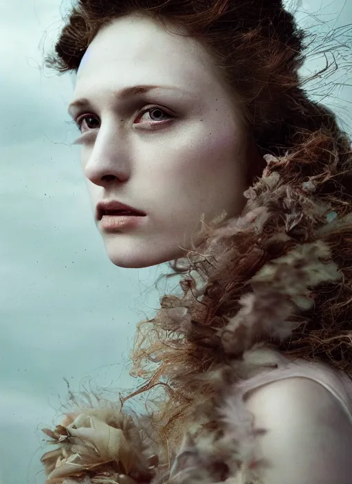 Prompt: Kodak Portra 400, 8K, soft light, volumetric lighting, highly detailed, fine art portrait photography in style of Paolo Roversi, britt marling style 3/4 face merging with stormy clouds in metamorphosis complex 3d render , 150 mm lens, art nouveau fashion embroidered, intricate details, elegant, hyper realistic, ultra detailed, octane render, etheric, outworldly colours, emotionally evoking, head in focus, fantasy, ornamental, intricate, elegant, 8K, soft light, volumetric lighting, highly detailed, Refined, Highly Detailed, soft lighting colors scheme, fine art photography, Hyper realistic, photo realistic