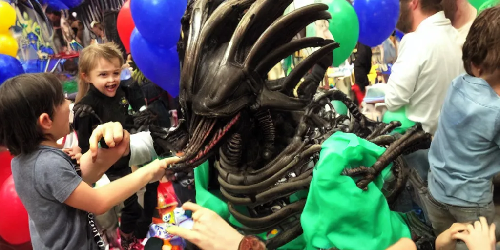 Image similar to a xenomorph from Alien having fun at a kid's birthday party