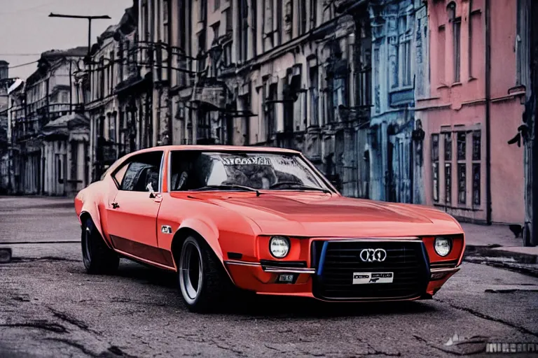 Prompt: widebody audi camaro b 1 ( 1 9 6 9 ), need for speed : carbon, at night, mild sci - fi, neon lines, lviv historic centre, phonk music background, smoke behind wheels, noise, dark, establishing shot, by simon stalenhag