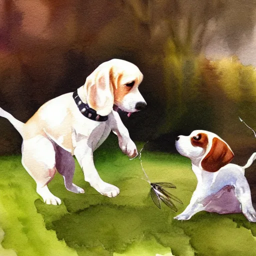 Image similar to water color painting of a white and caramel beagle dog playing with dragonfly in a backyard, harsh lighting, detailed, trending on artstation, dull pastel colors, bright, god rays, dreamy, trending on artstation