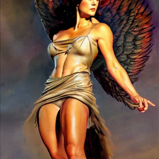 Image similar to frank frazetta portrait of jennifer connelly as angelic light being, full body, 8 k, realistic, photo real, smooth, sharp, intricate detail, hyper detail, dramatic lighting, dramatic shading